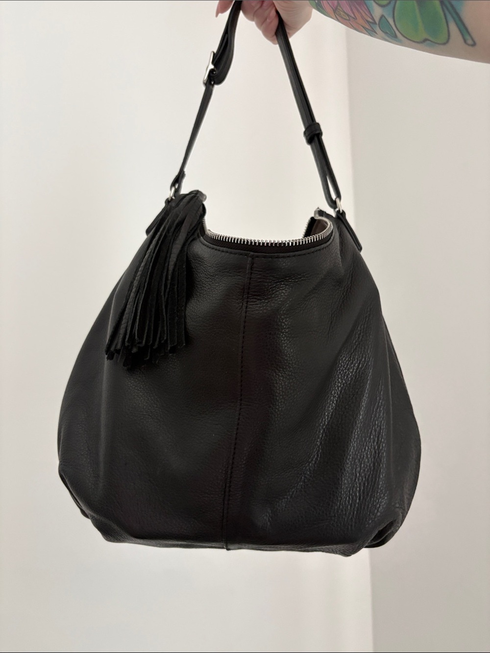 Margot Black Leather Hobo Shoulder Bag with Tassel Zipper